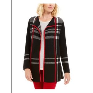 Charter Club Cardigan Jacket LARGE Wool Blend Plaid Knit Open Front Longline